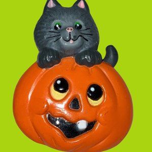 Halloween Black Cat Pin Brooch Jack-o-lantern Pumpkin By Russ Vintage